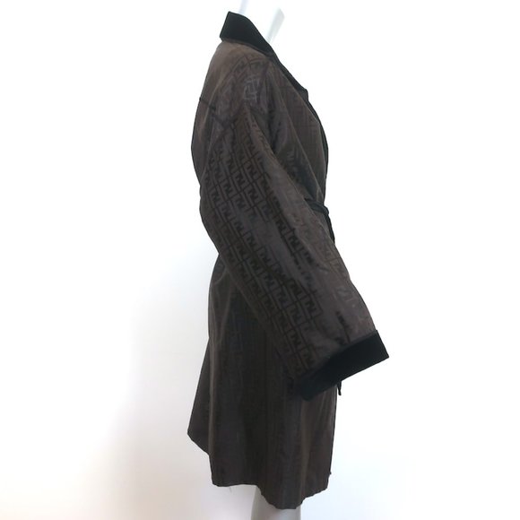 VINTAGE FENDI FF JACQUARD ROBE WITH VELVET TRIM DARK BROWN SIZE US 12 - Picture 2 of 6